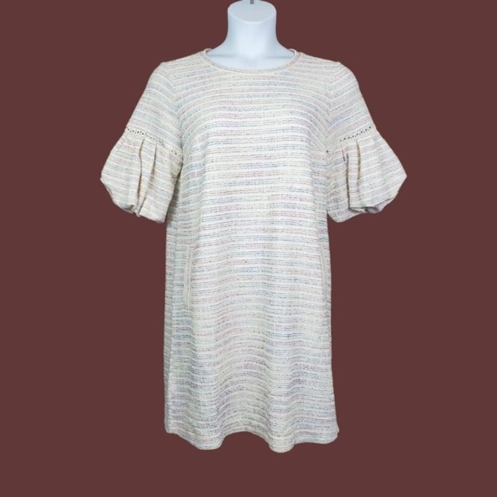 Loft Womens Puff Sleeve Ivory Stripe Boucle Shift Mini Dress Size L NWOT